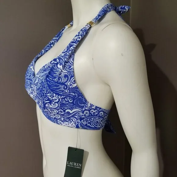 Lauren Ralph Lauren Twist-Front Halter Bikini Top - Artisanal Woodblock Size 4